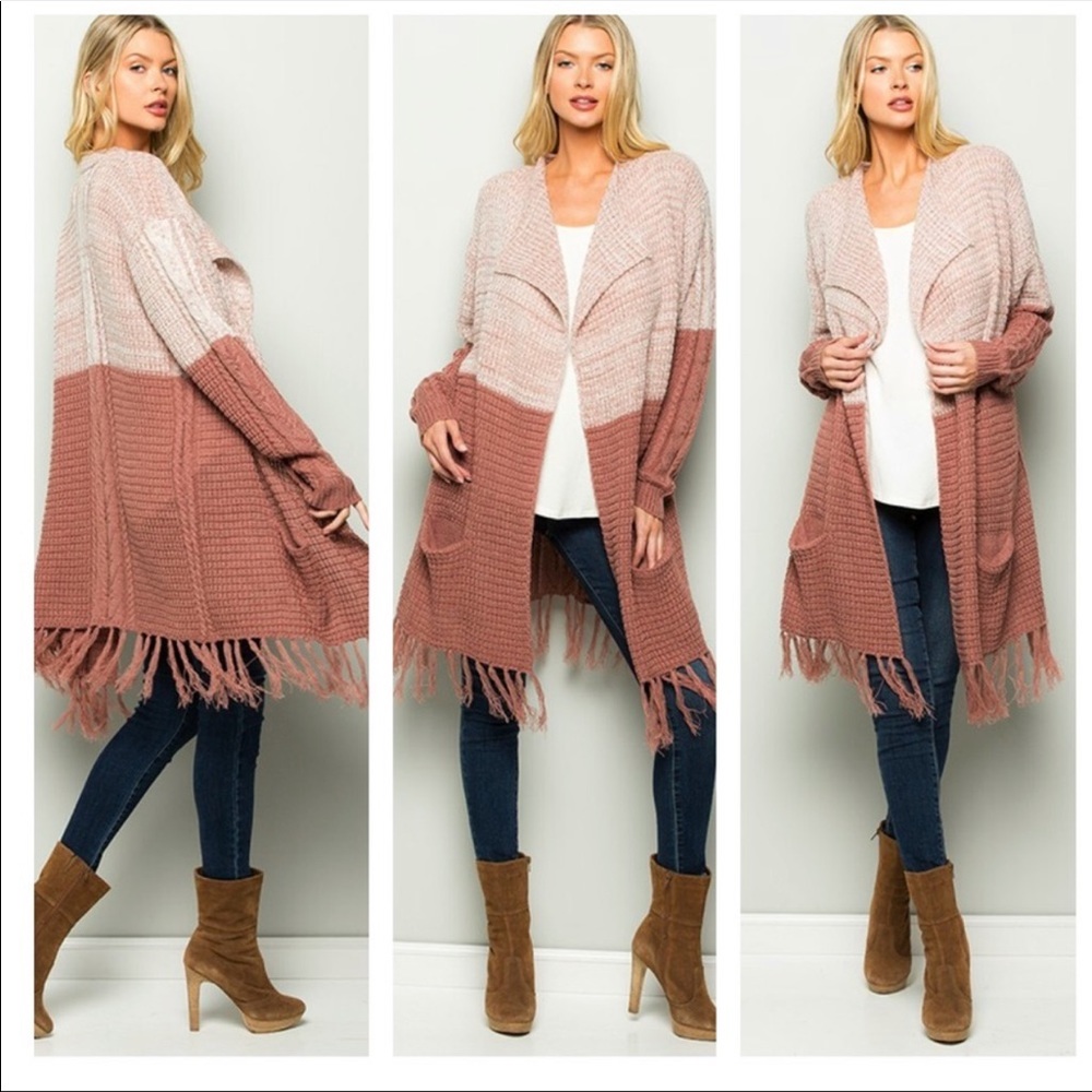 Mauve Color Block Fringe Cardigan - Picture 2 of 5